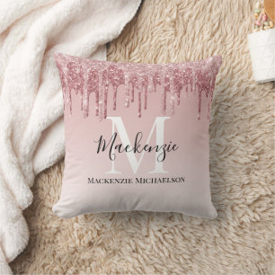 Girly Hot Pink Ombre Glitter Monogram Naam Kussen