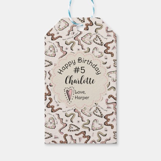 Girly Insects Heart Worm-ing Wishes Verjaardag Cadeaulabel (Voorkant)