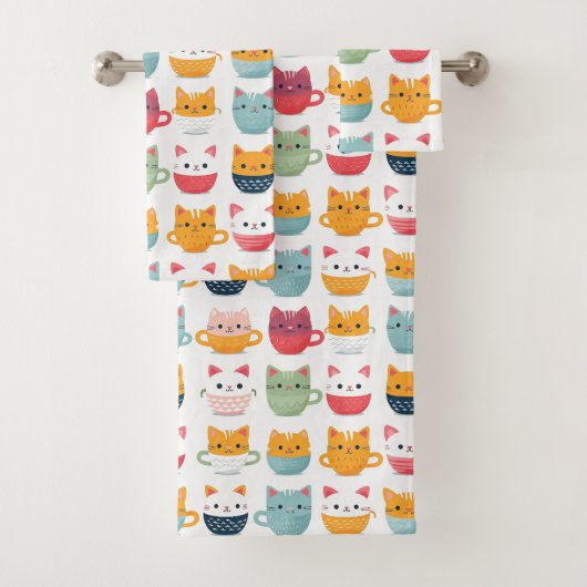 Girly Kat Patterm Kleurrijke Thee Cups Kittens Bad Handdoek (Insitu)