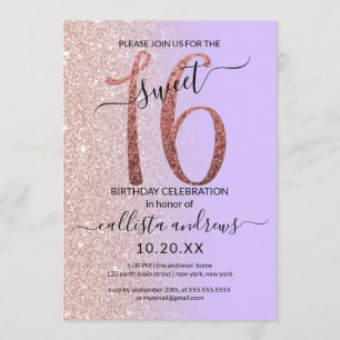 Girly Lavendel Roos Gouden Glitter Ombre Sweet 16 Kaart
