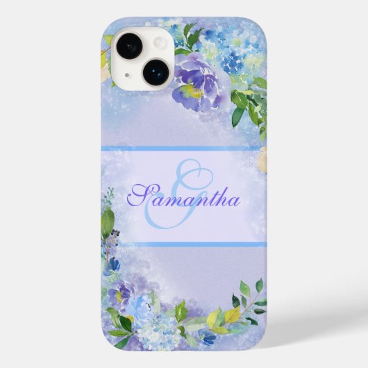 Girly Lavender Blue Waterverf Floral Name Initiaal Case-Mate iPhone Case (Achterkant)