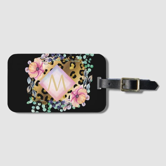 Girly Leopard Print Gold Pink Monogramed Bagagelabel (Voorkant (horizontaal))