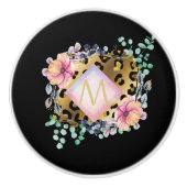  Girly Leopard Print Gold Pink Monogramed Keramische Knop (Voorkant)