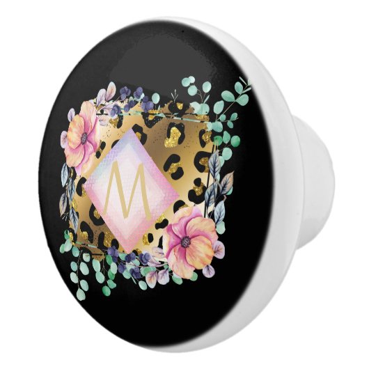  Girly Leopard Print Gold Pink Monogramed Keramische Knop (Rechts)