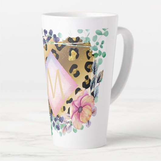  Girly Leopard Print Gold Pink Monogramed Latte Mok (Rechterhoek)