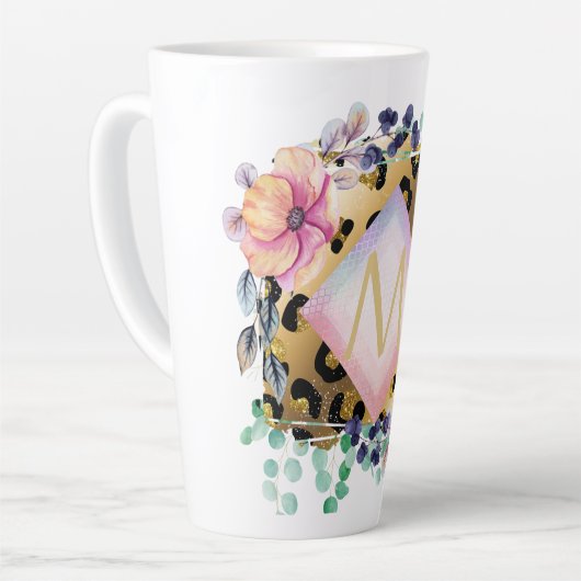 Girly Leopard Print Gold Pink Monogramed Latte Mok (Linkerhoek)