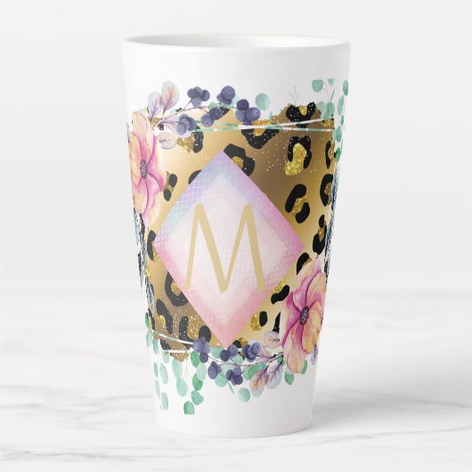 Girly Leopard Print Gold Pink Monogramed Latte Mok (Voorkant)