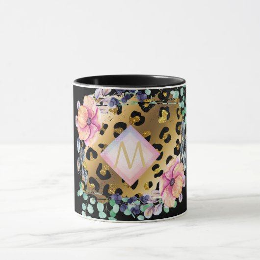 Girly Leopard Print Gold Pink Monogramed Mok (Midden)