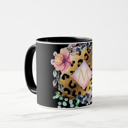 Girly Leopard Print Gold Pink Monogramed Mok (Voorkant links)