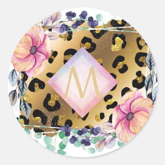  Girly Leopard Print Gold Pink Monogramed Ronde Sticker (Voorkant)