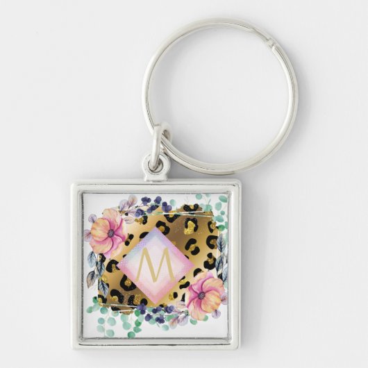 Girly Leopard Print Gold Pink Monogramed Sleutelhanger (Voorkant)