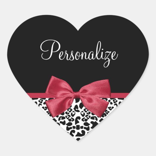 Girly Leopard print helder rood lintje met naam Hart Sticker (Voorkant)