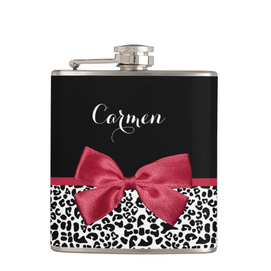 Girly Leopard print helder rood lintje met naam Heupfles (Voorkant)