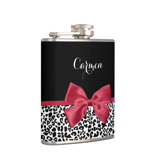Girly Leopard print helder rood lintje met naam Heupfles (Rechts)