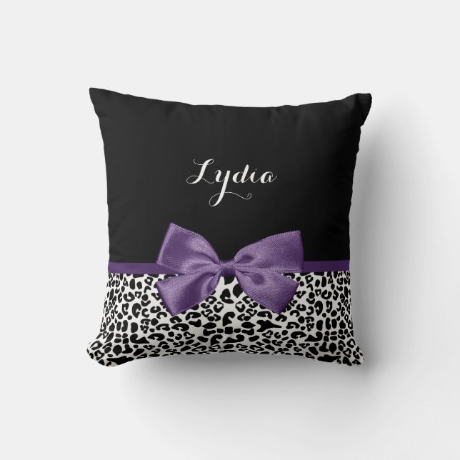 Girly Leopard print  Paars lintje met naam Kussen (Voorkant)