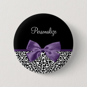 Girly Leopard print  Paars lintje met naam Ronde Button 5,7 Cm