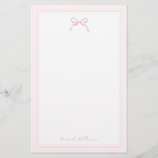 Girly Light Pink Bow en Stripes Border Briefpapier (Voorkant)