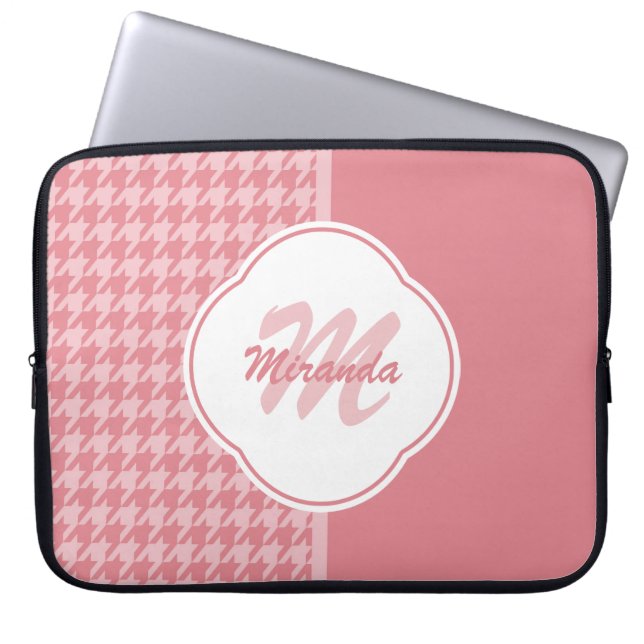 Girly Light Pink Houndstooth Monogram met naam Laptop Sleeve (Voorkant)