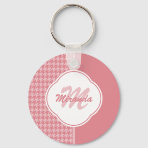 Girly Light Pink Houndstooth Monogram met naam Sleutelhanger