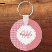 Girly Light Pink Houndstooth Monogram met naam Sleutelhanger (Voorkant)