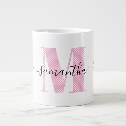 Girly Light Roze en Witte Polka Dot Monogram Extra Grote Beker (Voorkant)