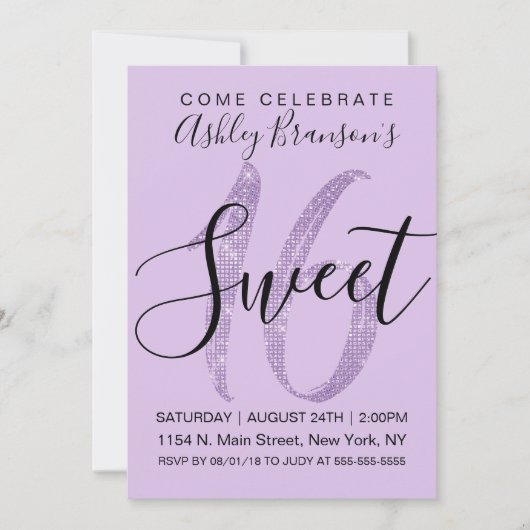 Girly Lila Paars Sequin Glitter Sweet 16 Kaart (Voorkant)