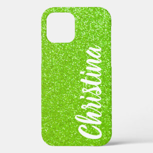 Girly Lime Groene Glitter Naam Gepersonaliseerd iPhone 12 Hoesje