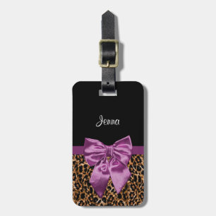 Girly Luipaardprint Elegante Paarse Strik en Naam Bagagelabel