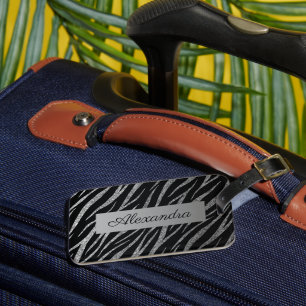 Girly Luxury Silver en Black Classy Zebra Print Bagagelabel