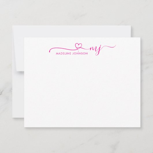 Girly Magenta Pink Heart Script Naam Monogram Notitiekaartje (Voorkant)