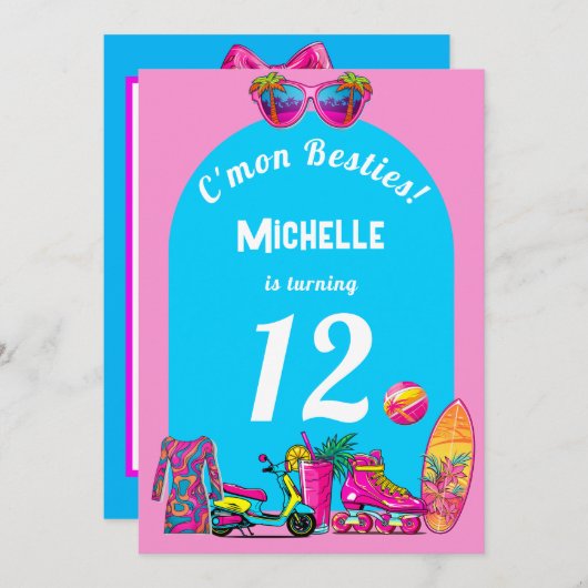 Girly Malibu Beach Rétro Invitation d'anniversaire (Devant / Derrière)