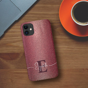 Girly Maroon-Roos Glitter Gepersonaliseerd Monogra iPhone 11 Hoesje