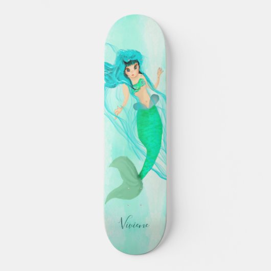 Girly Mermaid Green Tail Blue Skateboard (Voorkant)
