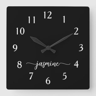 Girly Minimalistische Monogram Naam Script Zwart Vierkante Klok