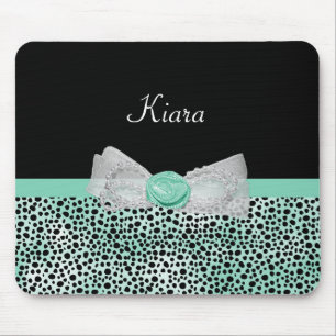 Girly Mint Cheetah Print Cute Roos Bow and Name Muismat