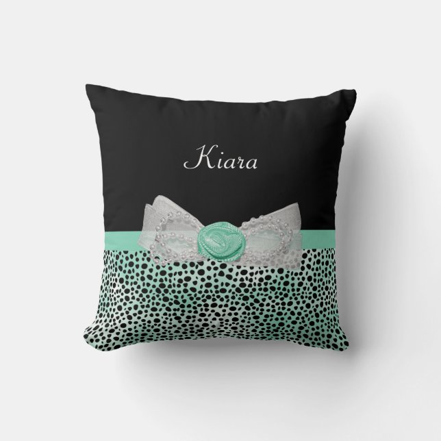 Girly Mint Green Cheetah Print Cute Bow met naam Kussen (Voorkant)