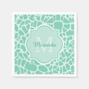 Girly Mint Green Giraffe Print Monogram en naam Servetten