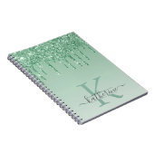 Girly Mint Green Glitter Drips Monogrammed Notitieboek (Rechterzijde)