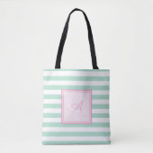 Girly Mint Green Striped, Monogram-Personalized Draagtas (Voorkant)