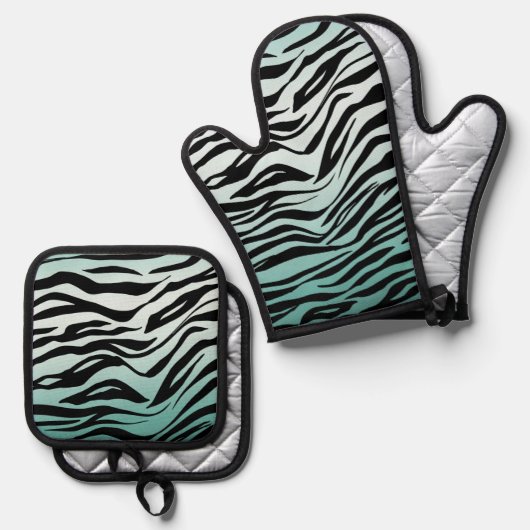 Girly Mint Ombre Zwart Zebra Print Ovenwant & Pannenlap Set (Voorkant / Achterkant)