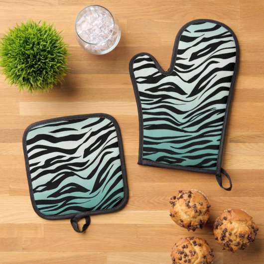 Girly Mint Ombre Zwart Zebra Print Ovenwant & Pannenlap Set (Top down)