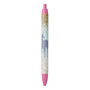 Girly Mint Paarse Eenhoorn Gouden Glitzy Glitter Zwarte Inkt Pen