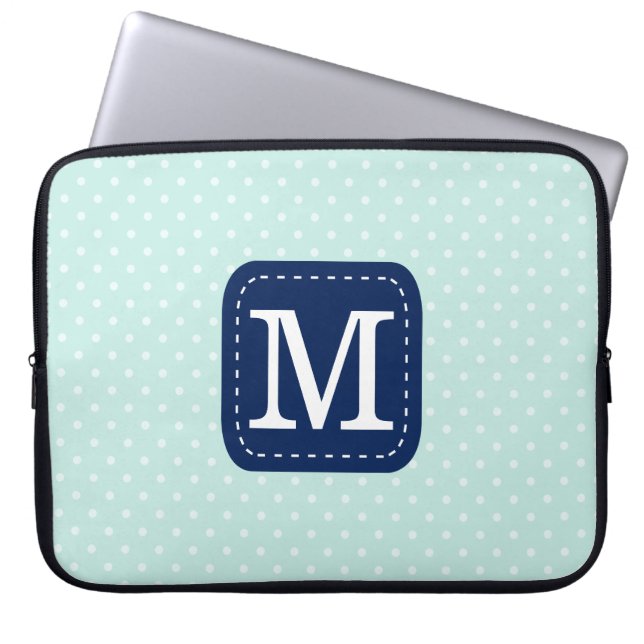 Girly Mint Polka Dots Pattern Custom Monogram Laptop Sleeve (Voorkant)