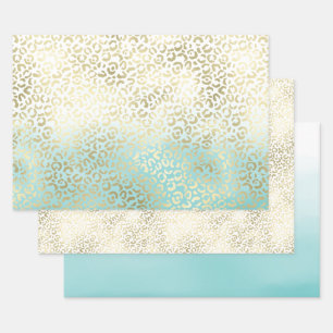 Girly Mint Waterverf Ombre Gold Leopard Print Inpakpapier Vel