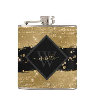 Girly Modern Black Gold Glitter Script Monogram Heupfles