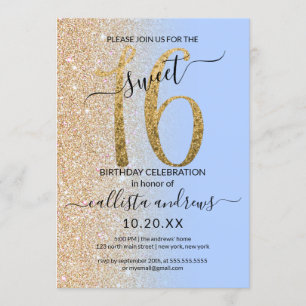 Girly Modern Blauw Goud Glitter Ombre Sweet 16 Kaart