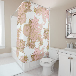 Girly Modern Blush Pink White Gold Floral Douchegordijn