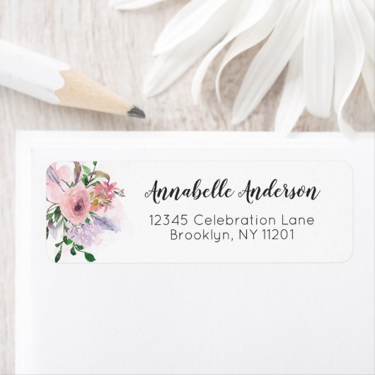 Girly Modern Floral Roos Pastel Roze Waterverf Etiket (Insitu)
