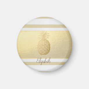 Girly Modern Gold Stripes, Gold Pineapple Magneet
