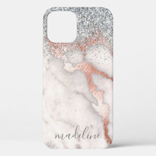 Girly Modern Roos Gold Marble Blush Glitter Name iPhone 12 Hoesje